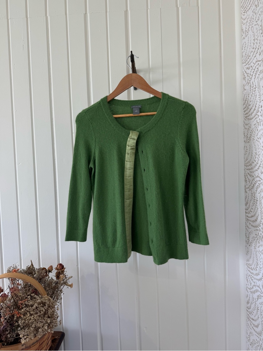 Merino Wool Angora Green Cardigan Satin Trim Ann Taylor